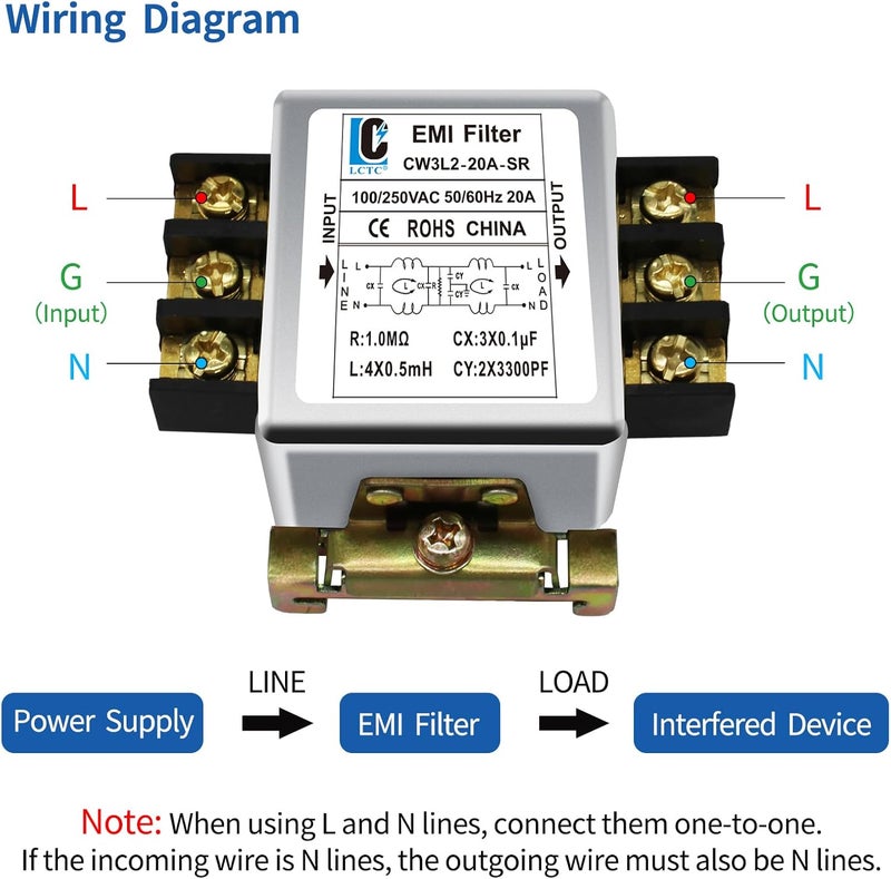 LCLCTC 120V Power EMI line filte,Noise,Suppressor for Home Appliances,Industrial & Medical Equipment,115V/250V 20A 50/60Hz - Image 5